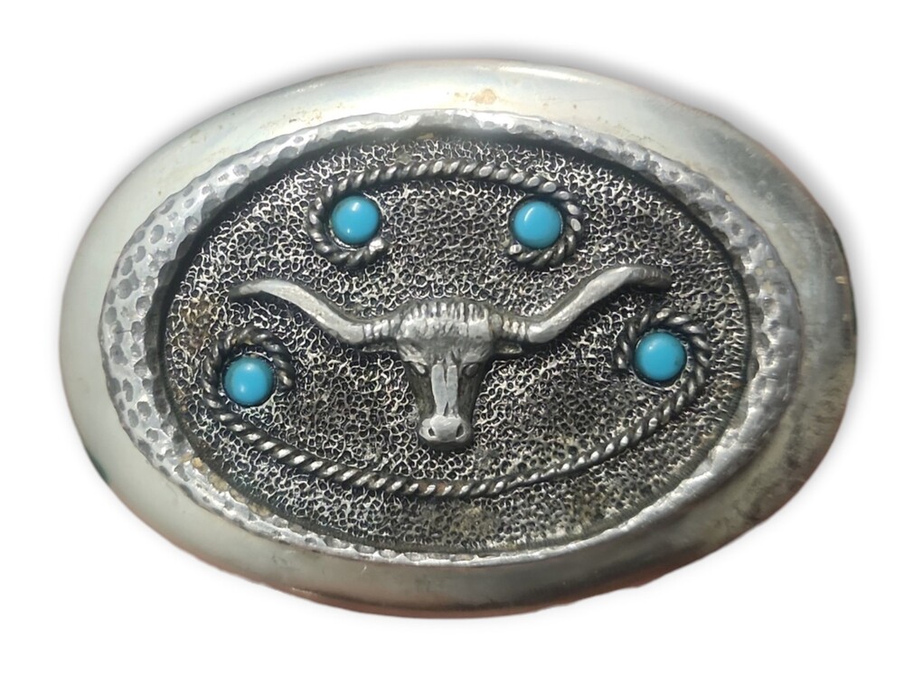 Southwestern Bull Belt Buckle W/ Turquoise Stones R.B. Newman